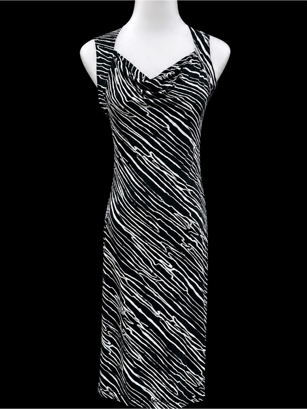 BCBGMaxAzria Black Cream Sheath Bodycon Animal Print Dress Sleeveless Cowl Neck